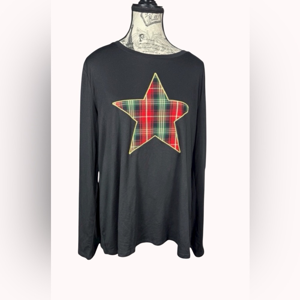 Cato Black Red Plaid Christmas Star Festive Long Sleeve Top Size L